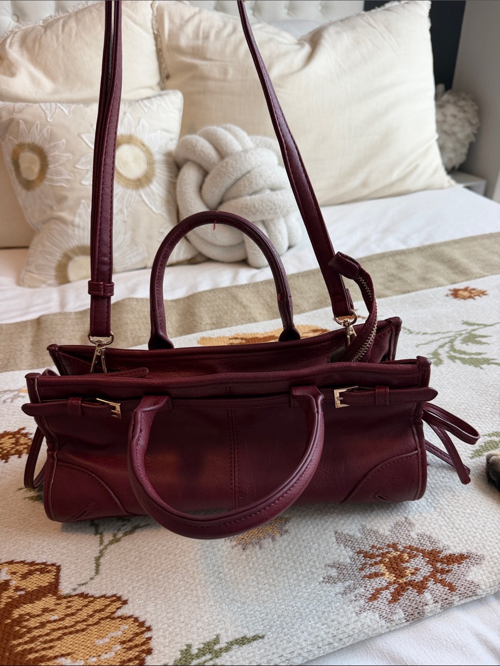 Structured Burgundy Leather Shoulder Bag with Top Handles
